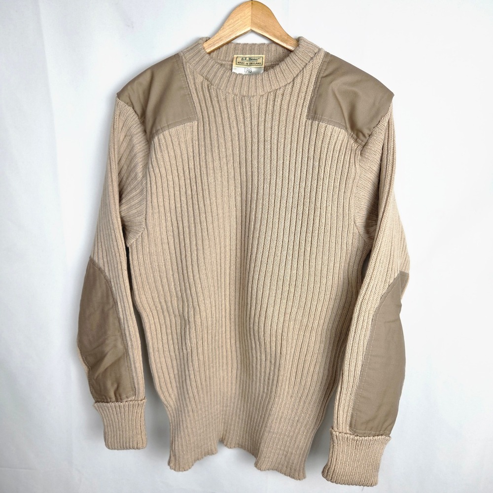 LL Bean Commando Vintage 80s Sweater Large Tan Wool From England Patches Preppy